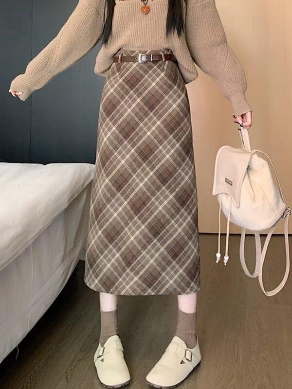 Classic plaid knit midi skirt high-waisted A-line, Fall/Spring, women's clothing.