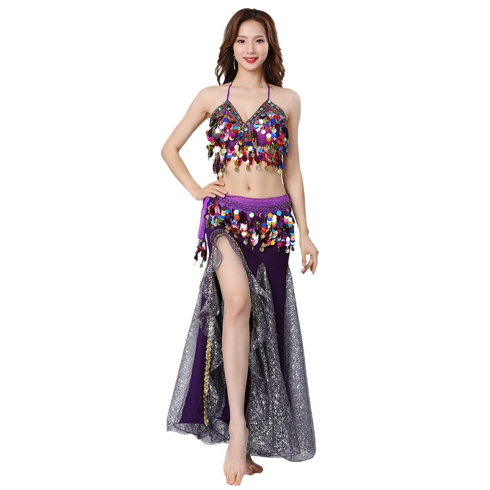 Bauchtanz Set für Damen Bühnenoutfit Sexy Quasten BH Pailletten-Hüftkette Chiffonrock 3-teilig Bauchtanz Performance Kostüm