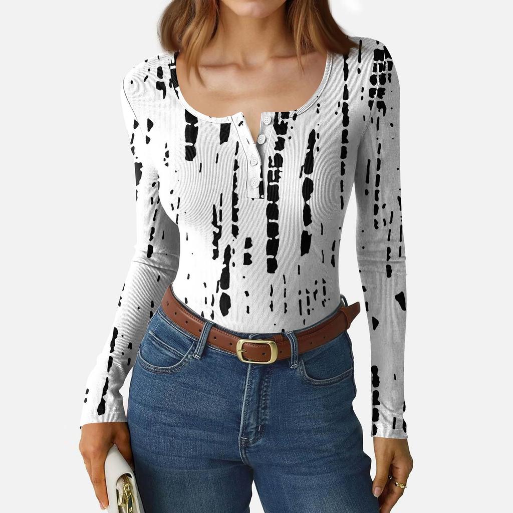 Women's Slim Bottom T-shirt Fashion Casual Gradient Printing Round Neck Pullover Long Sleeve Top