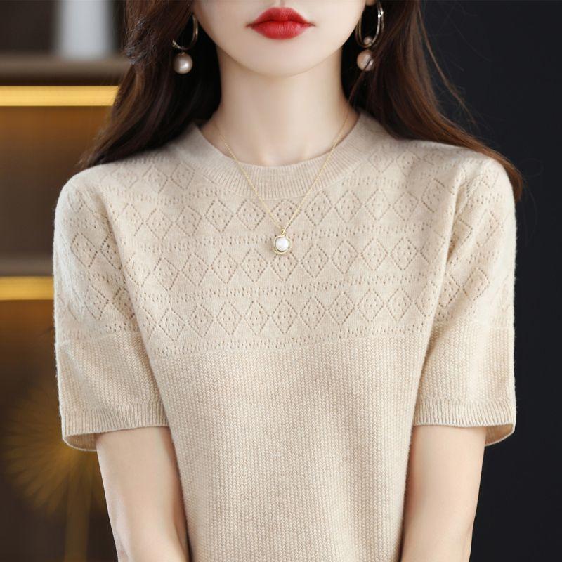 Knitted Shirt Hollowed Out T-shirt Spring New Round Neck Short Sleeved Loose Top