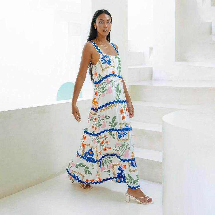 Sommer Dame Ermeløs Svingkjole Casual A-linje Stroppeløs Lang Camisole Seleskjørt Bølge Høy midje Kjoler Vår S-XL