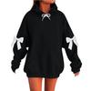 Women's Solid Color Bow Long Sleeved Loose Fitting Headband With Rope Hooded Sweatshirt Top