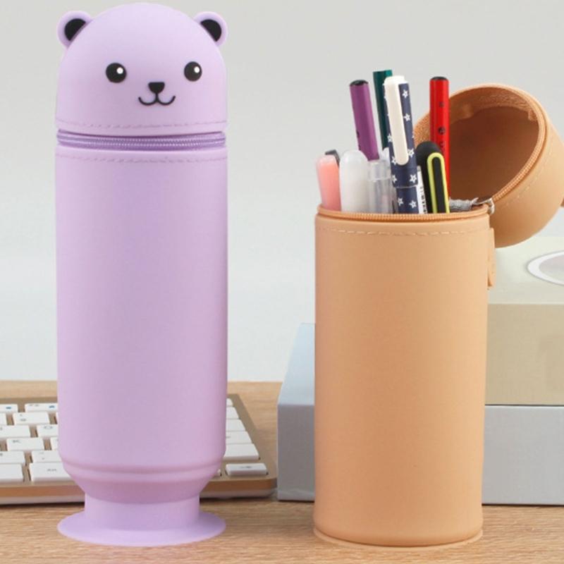 Large Capacity Pencil Case Cartoon Bear Pencil Box with Suction Cup Silicone Pen Bag for Students Teens Girls Boys