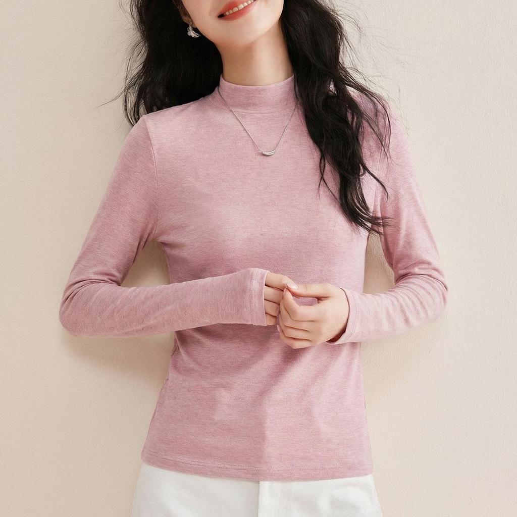 Women’s Tencel Wool Long Sleeve Stand Collar T-Shirt, Spring 2026, Thin White Base Layer, Set-in Shoulders