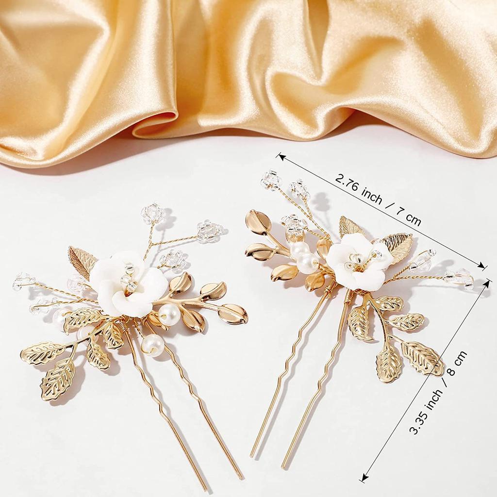 Europe and America Cross Border 2 Pieces a Set of Gold White, with Pattern Leaves Flower Crystal Beads U-Shaped Hair Clasp Pin