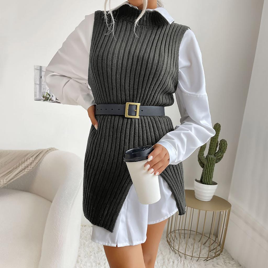 Women V-neck Solid Color Casual Half High Collar Sleeveless Vest Vintage Knitting Sweater