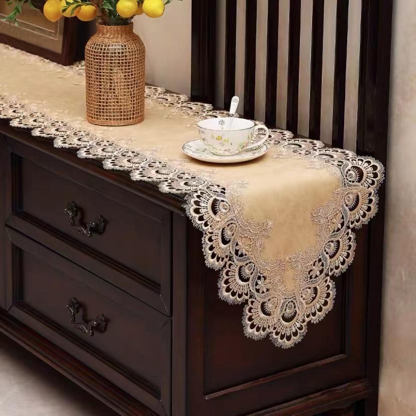 Waterproof & Oil-Proof PU Lace Table Runner - American Light Luxury Design for Dining Table or Shoe Cabinet