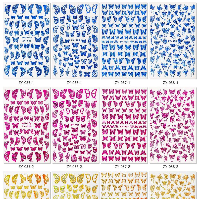 4Sheets Holographic 3D Butterfly Nail Art Stickers Adhesive Sliders Colorful DIY Golden Nail Transfer Decals Foils Wraps Decorations