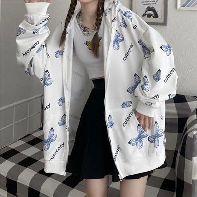 Korean Harajuku Butterfly Hoodie With Zipper Women Sweatshirt Spring Oversized Hoodies Student Outerwear Plus Size