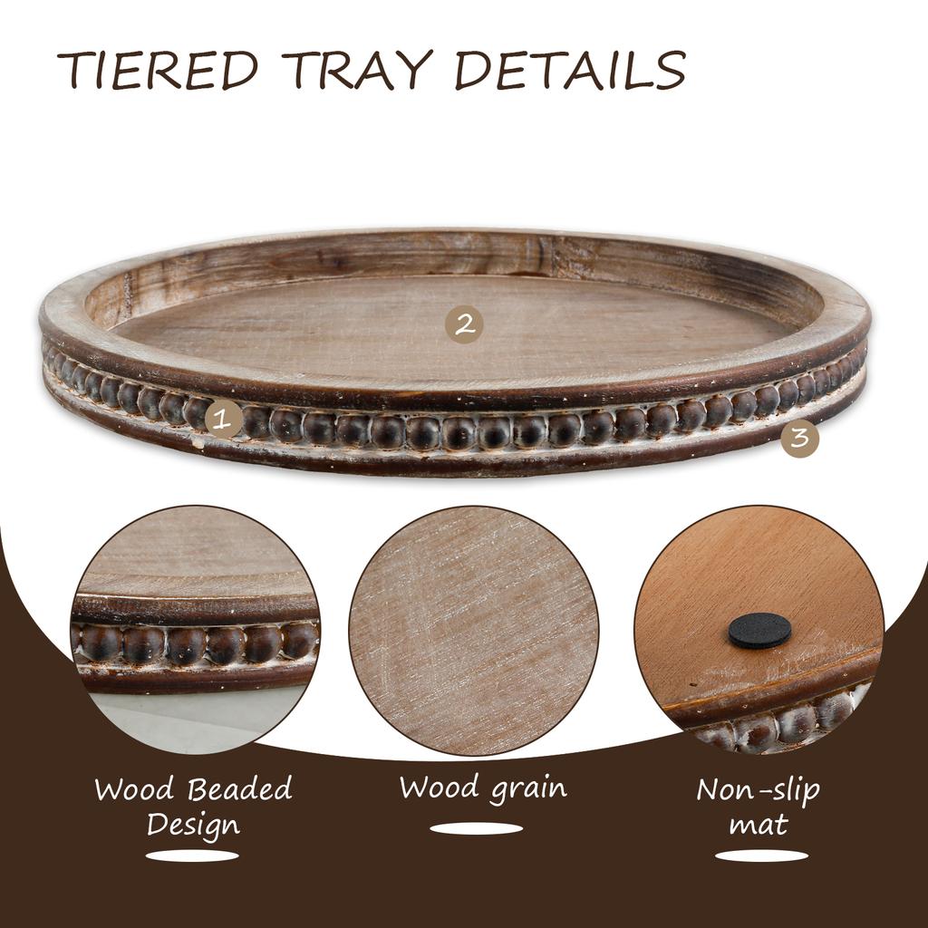 Round Wood Tray Rustic Wood Beaded Tray Elegant Serving Tray Decorative Coffee Table Tray Home Decor Kitchen Storage Tray