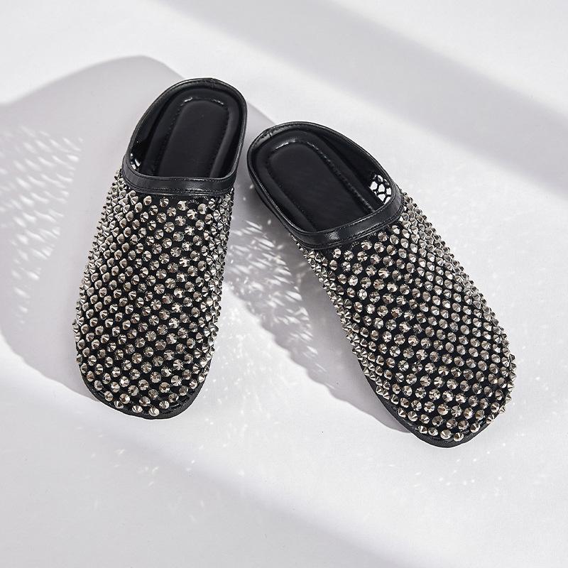 2025 Summer New Flat-bottomed Bag Head Half Slippers Women's Golden Fishing Net Full of Diamonds Hollow Sandals Wear Light Single Shoes