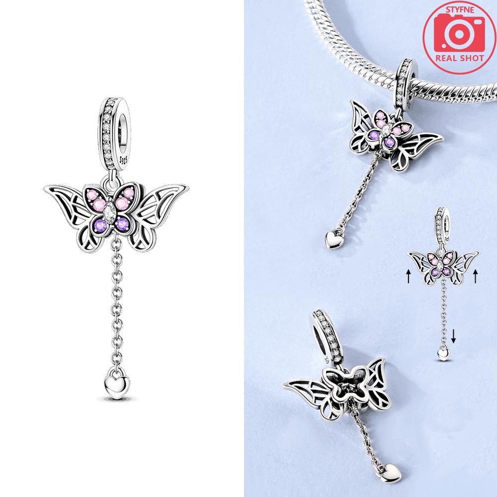 Authentic copper Pink Butterfly Tassel Pendant Bow Decoration Luminous Purple Bead Charms Compatible With Bracelets Women Jewellery Diy Accessory