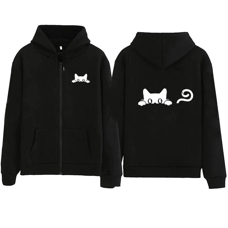 Women Cute Cat Zipper Hooded Autumn Winter Women Casual Outdoor Sports Long Sleeve Fleece Sweatshirts Jacket Coat