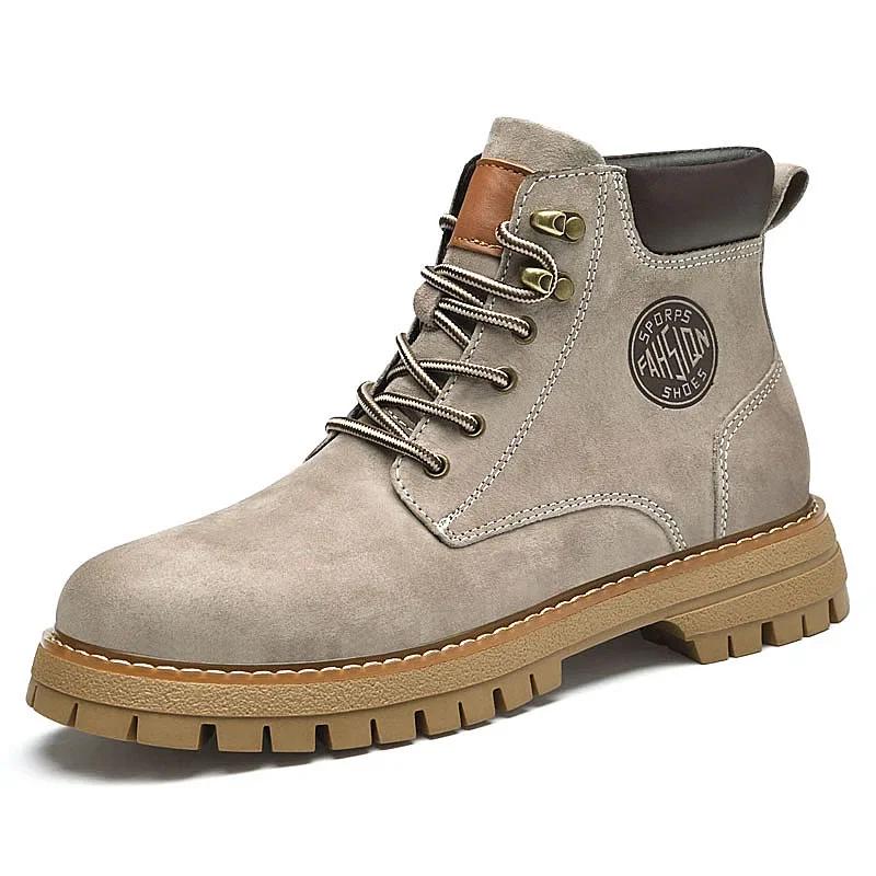 

Fashion Warm New Plush Fur Winter Man Brand Yellow Outdoor Lace Up Cowboy Boots Leather Motocross Boots Fashion Non-Slip Men Ankle Boots 37 серый