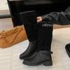 Summer 2025 Round Toe Thick Heel Flat Bottom Women's Long Boots Slim Fit Knight Style Micro Fiber Booties Rubber Shoe Faces