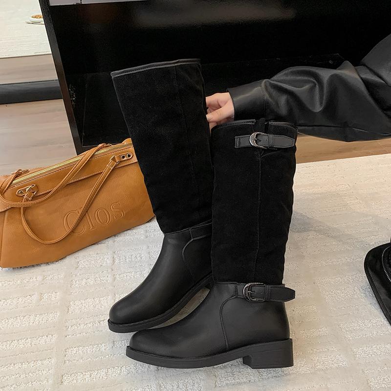 Summer 2025 Round Toe Thick Heel Flat Bottom Women's Long Boots Slim Fit Knight Style Micro Fiber Booties Rubber Shoe Faces