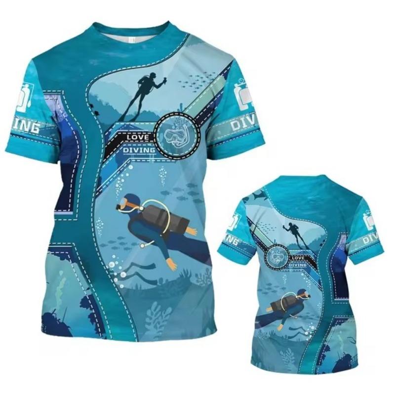 3D Diving Print Men's Novelty Short Sleeve Crew Neck T-shirt, Summer Outdoor