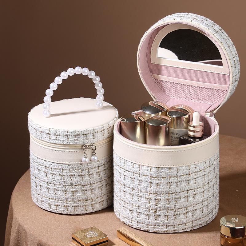 

New Round Bucket Makeup Bag Women Polyester Liner High-capacity Cosmetic Bags For Women Leisure Portable Storage Makeup Handbag 16.5x16x15.5CM бежевий