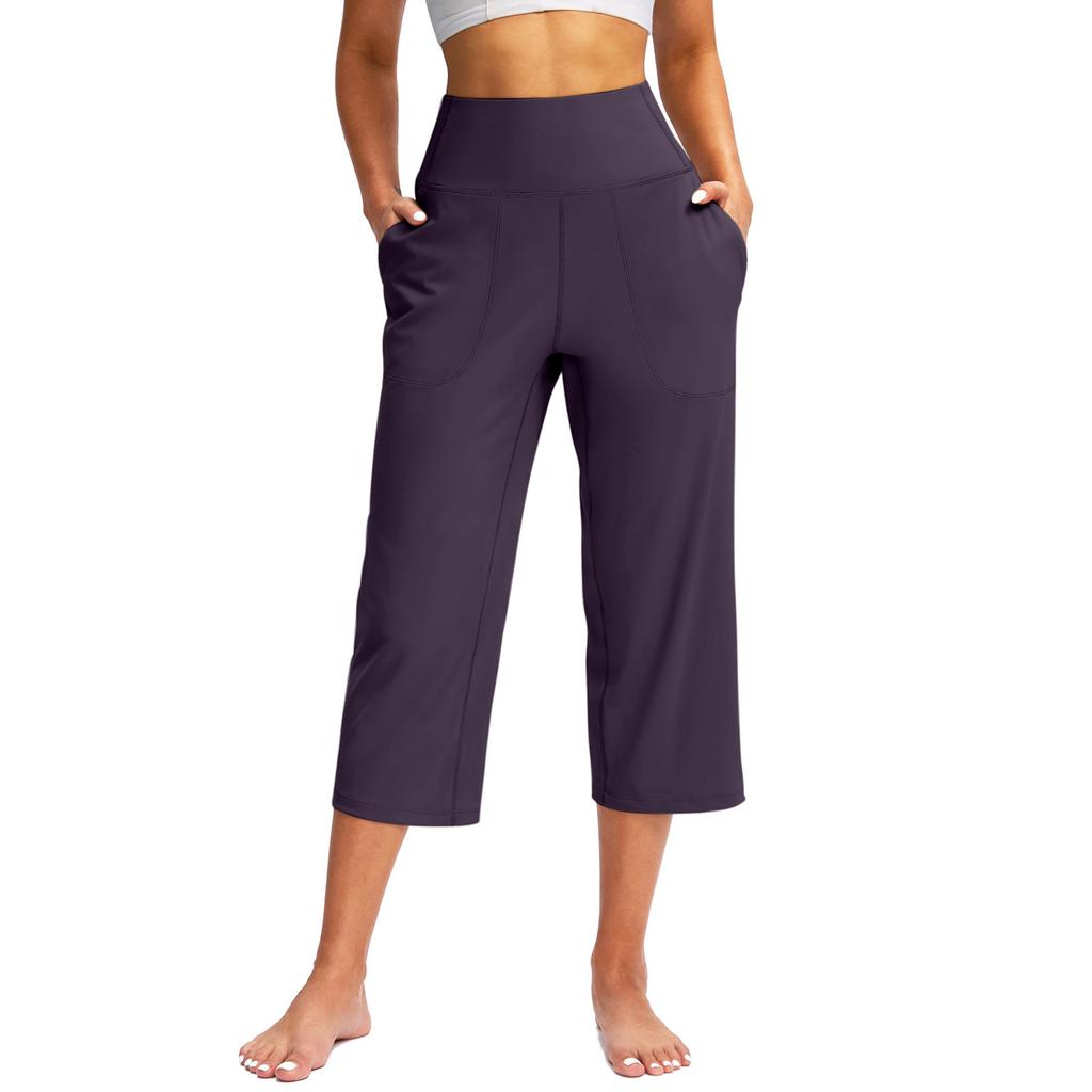Summer Women Sports Yoga Pants Astic High Waist Casual Active Fit Wide Capris Leg Pants Yoga Leggings Soft Gym Knee Length with Pockets