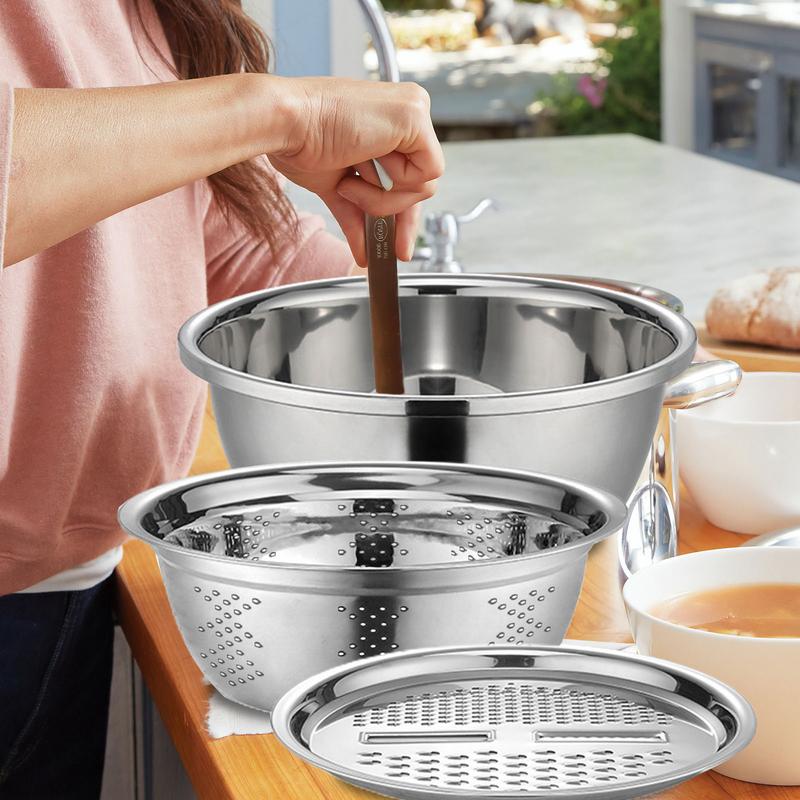 Multi Functional Stainless Steel Basin Mixing Bowl Set Grater Bowl Salad Maker Bowl Stainless Steel Drain Basket Rice Washing