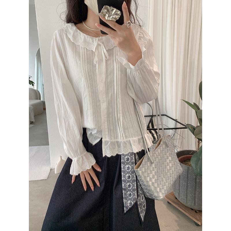 Spring Autumn Polo-neck Sweet Single Breasted Shirt Women Long Sleeve Casual White Cotton Blouse Cardigan Top
