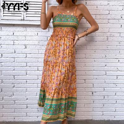 Damenmode Sommer Frühling Blumenmuster Druck Ärmellose Hosenträger Hohe Taille Freizeitkleider