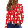 Dámské tričko s vánočním potiskem, knoflíky, dlouhým rukávem, pro každodenní nošení i víkendovou módu, základní střih s výstřihem do V, běžný top