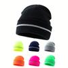 Unisex Rolled Brim Knit Hat With Reflective Trim Warm Acrylic Beanies For Outdoor Cycling Night Activities