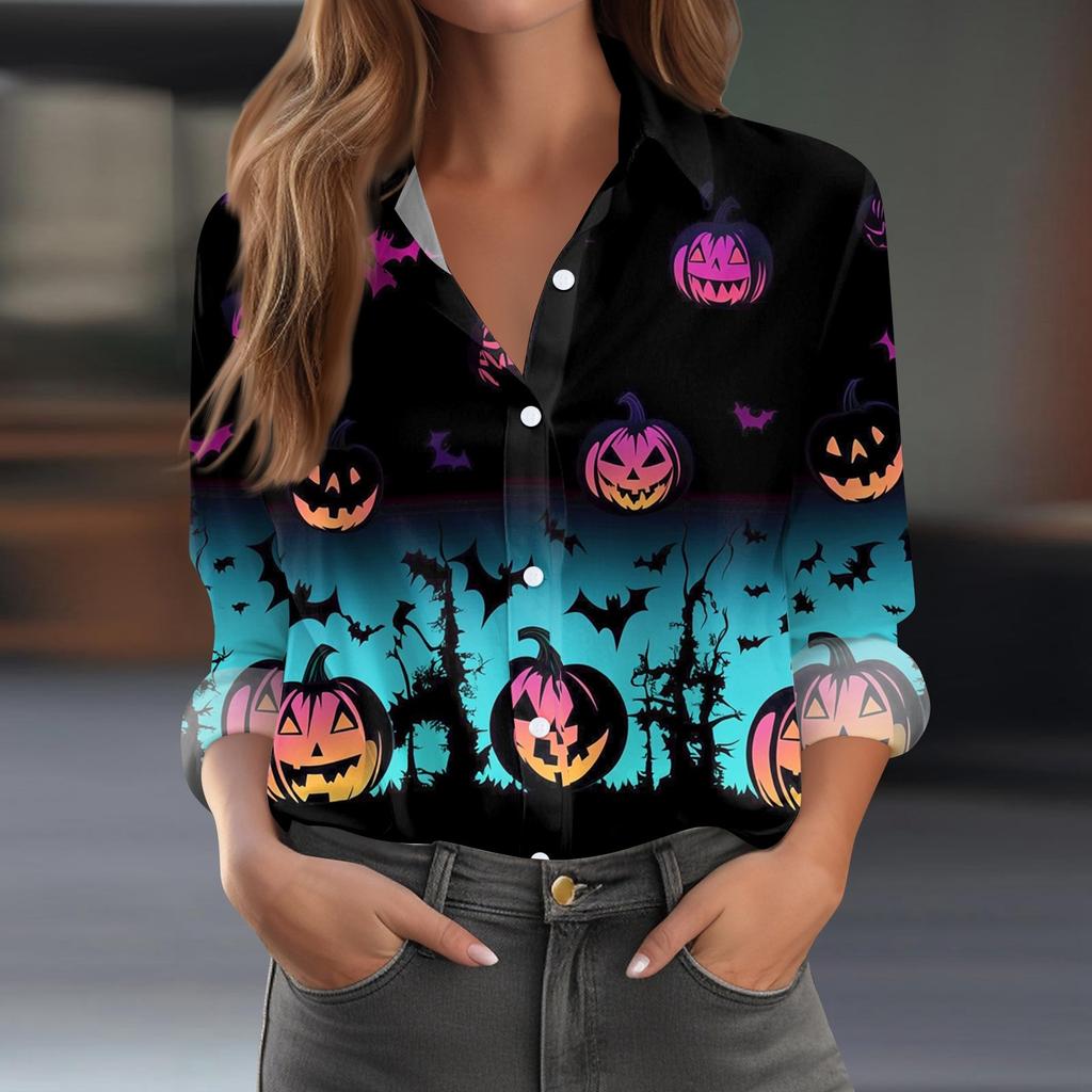 Damen Hemd Bluse Halloween Print Knopf Langarm Lässig Basic Hemdkragen Regulär Top