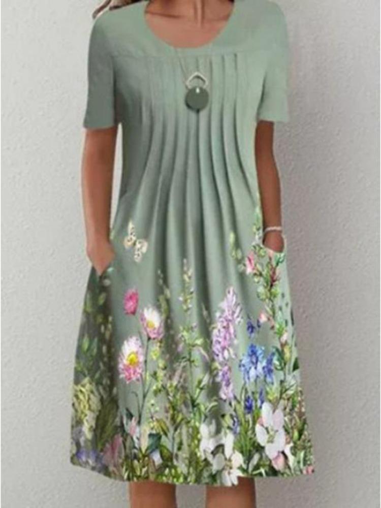Floral Print Women Pullover Dress Round Neck Mid-Length Spring Summer