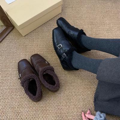 Retro Inner Height-increasing Small Leather Shoes To Keep Warm In Winter Korean One-pedal Commuting Single Shoes Lazy Fluffy Shoes