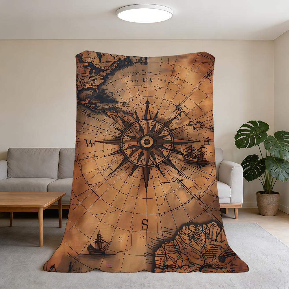 Retro Compass and World Map Blanket Flannel Warm Soft Throw Blanket For Room Sofa Childish Birthday Gifts