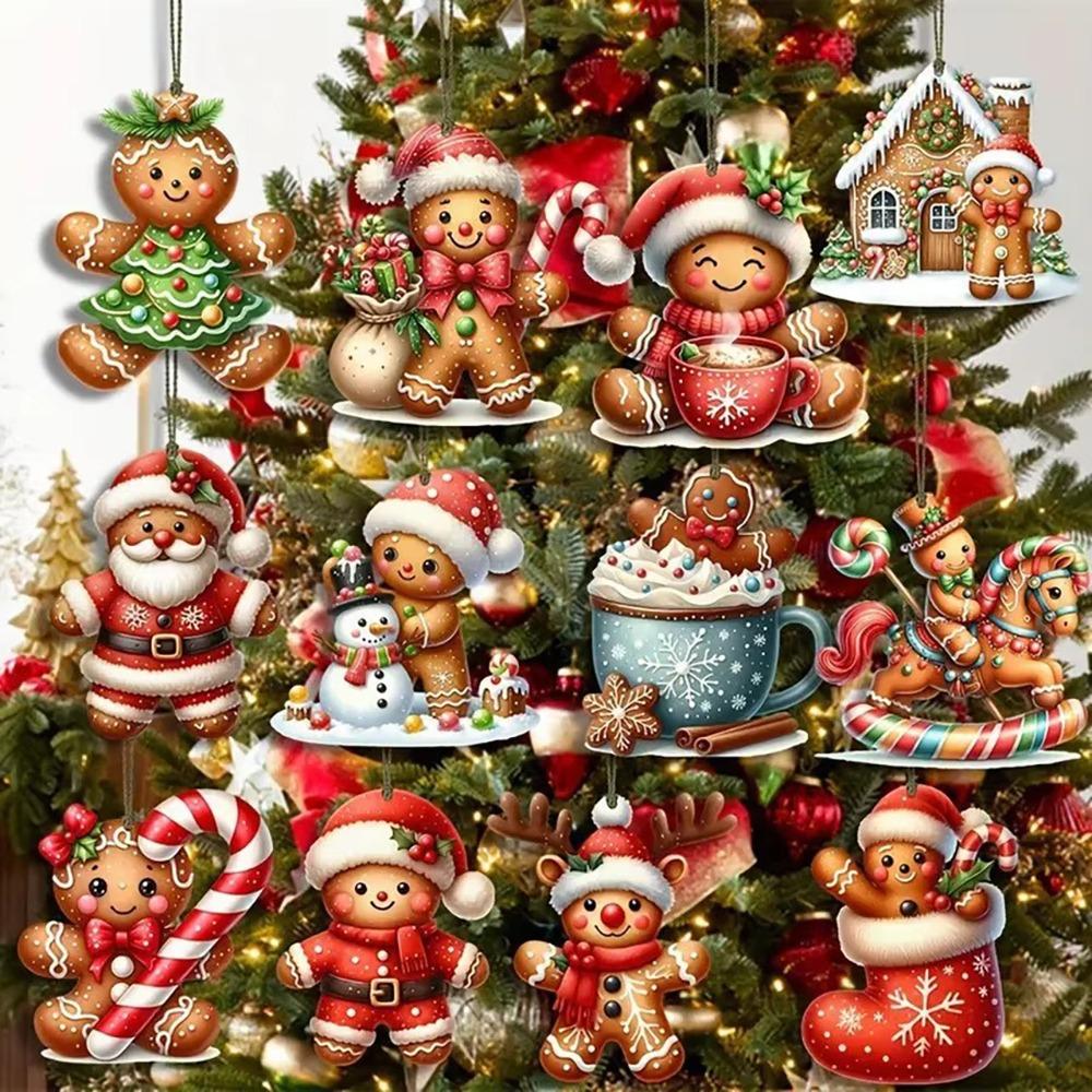 12Pcs Christmas Wooden Pendants Gingerbread Man Santa Claus Xmas Tree Hanging Ornaments Home Party Christmas Decor New Year Gift