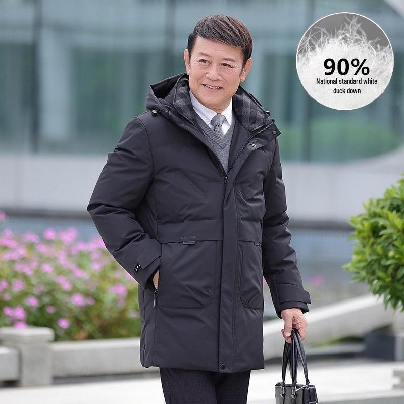 Men's 2024 Winter Hooded Down Jacket - Medium Length, Thick, and Warm for Middle-aged and Elderly