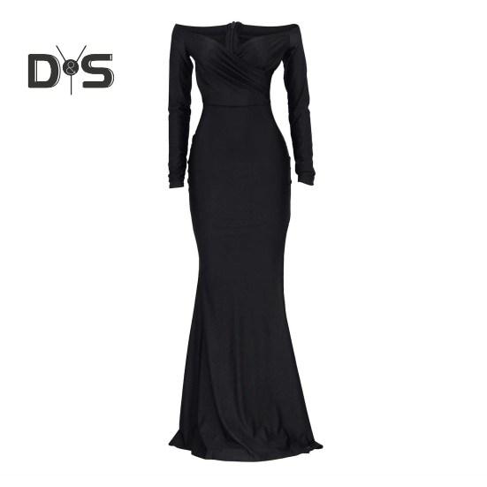 Lady Evening Dress V Neck Off Shoulder Side Slit Floor Length Long Sleeves Pleated Slim Fit Maxi Dress Ball Gown Banquet Party Dress
