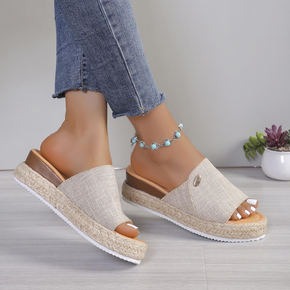 Джинсовые сандалии для женщин лето 2024 толстая подошва на покатом каблуке свободные римские сандалии пляжные тапочки из пеньковой веревки 36 1490₽