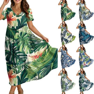 Women Casual Loose Bohemian Floral Dress Short Sleeve Long Maxi Summer Beach Swing Dress