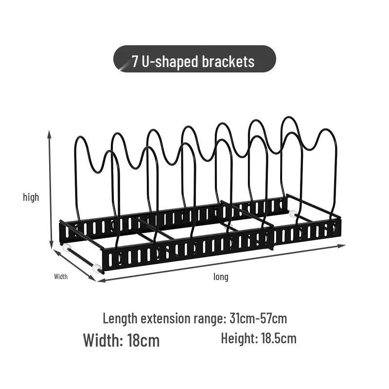 Adjustable Kitchen Storage Rack Organizer for Cookware, Cutting Boards, Pot Lids, and Telescopic Shelf.