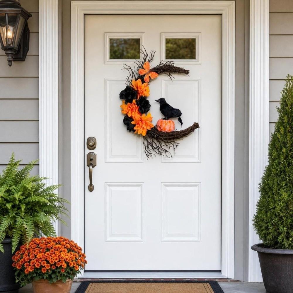 Plastic Halloween Wreath Gothic Style Artificial Flower Garland Cat Crow Wreath Front Door Decor