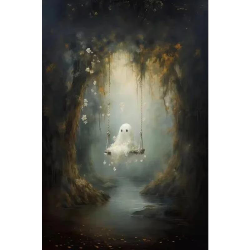 Halloween Ghost Poster Cute Ghost Forest Canvas Printing Poster Wall Art Festival Decoration Painting for Home Living Room Decor
