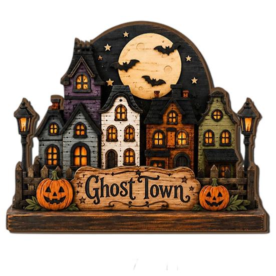 Halloween Hanging Wooden Sign House Pendant with Hemp Rope for Wall Door Autumn Seasonal Art Decoration, Haunted Castle Ornaments Pumpkin Ghost