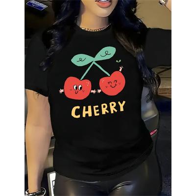 Damen-T-Shirt mit Kirschmotiv – niedliche Cartoon-Kirschen und auffälliger Kirschprint, locker geschnittenes Rundhals-T-Shirt für Freizeit, Größe S, ideal als Geschenk