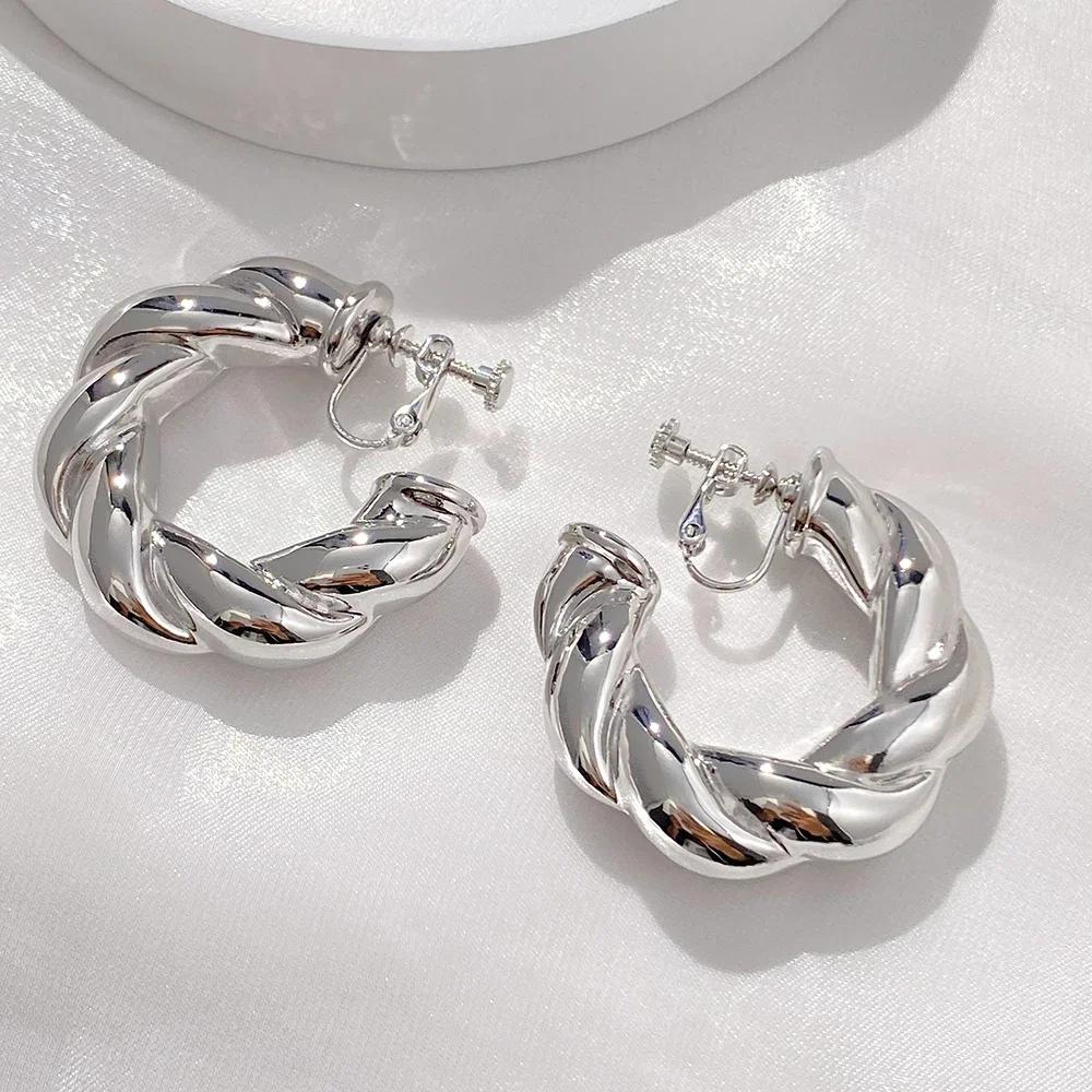 Vintage Oversize Chunky Round Circle Clip Earring for Women C Shape Tube Thick Without Pierced Hoop Earclips Jewelry Trendy