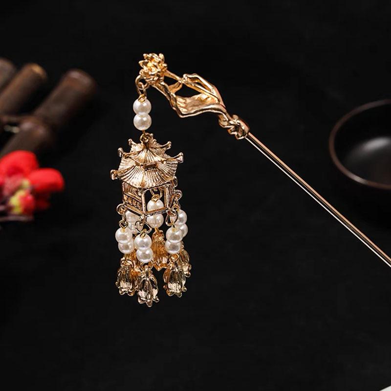 Antique West Lake Pavilion Lantern Tassel Hairpin with Luminous Palace Design for Hanfu Updo.