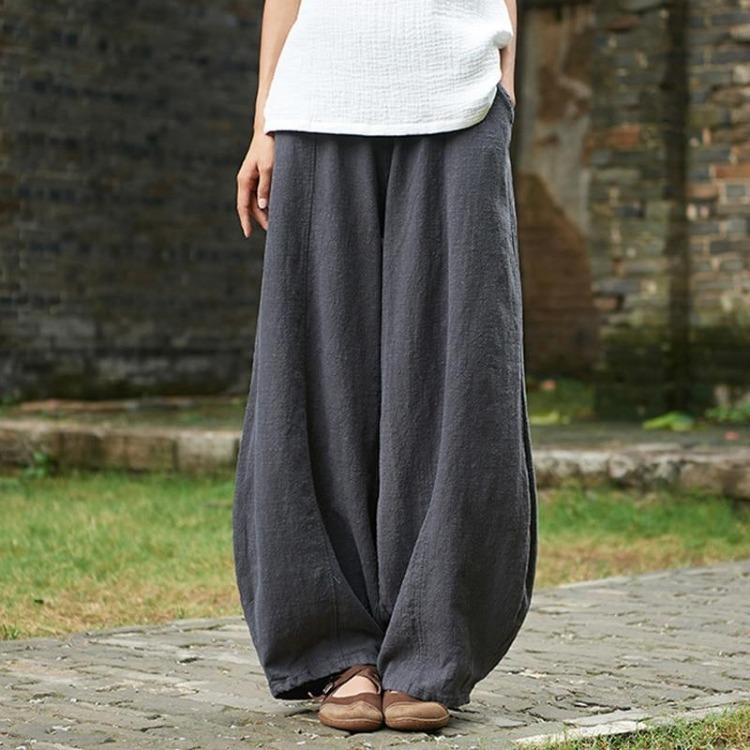 Pantaloni Larghi Vintage da Donna Cotone Lino Vita Elastica Tasche Casual Colore Unico Autunno Johnature