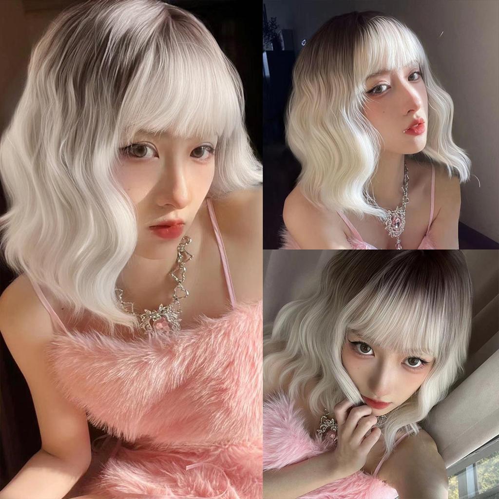 EASIHAIR Light Brown To Platinum Ombre Synthetic Wigs for Women Short Wavy Cosplay Lolita Natural Hair Wig with Bangs Heat Resistant