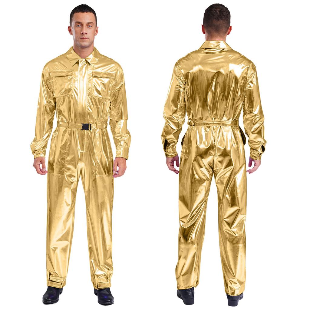 Glanzende Metallic Turn-down Kraag Lange Mouwen Hoge Taille Jumpsuit Heren Halloween Kostuum