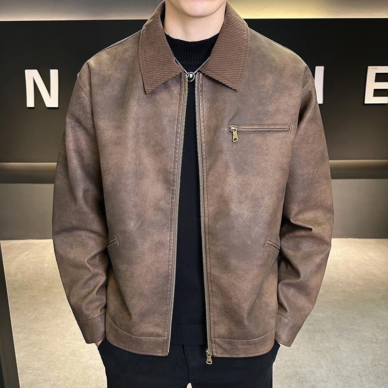 PU Leather Jacket Men's Workwear Style Tough Street Simple Motorcycle Style Fashionable Men's Jacket