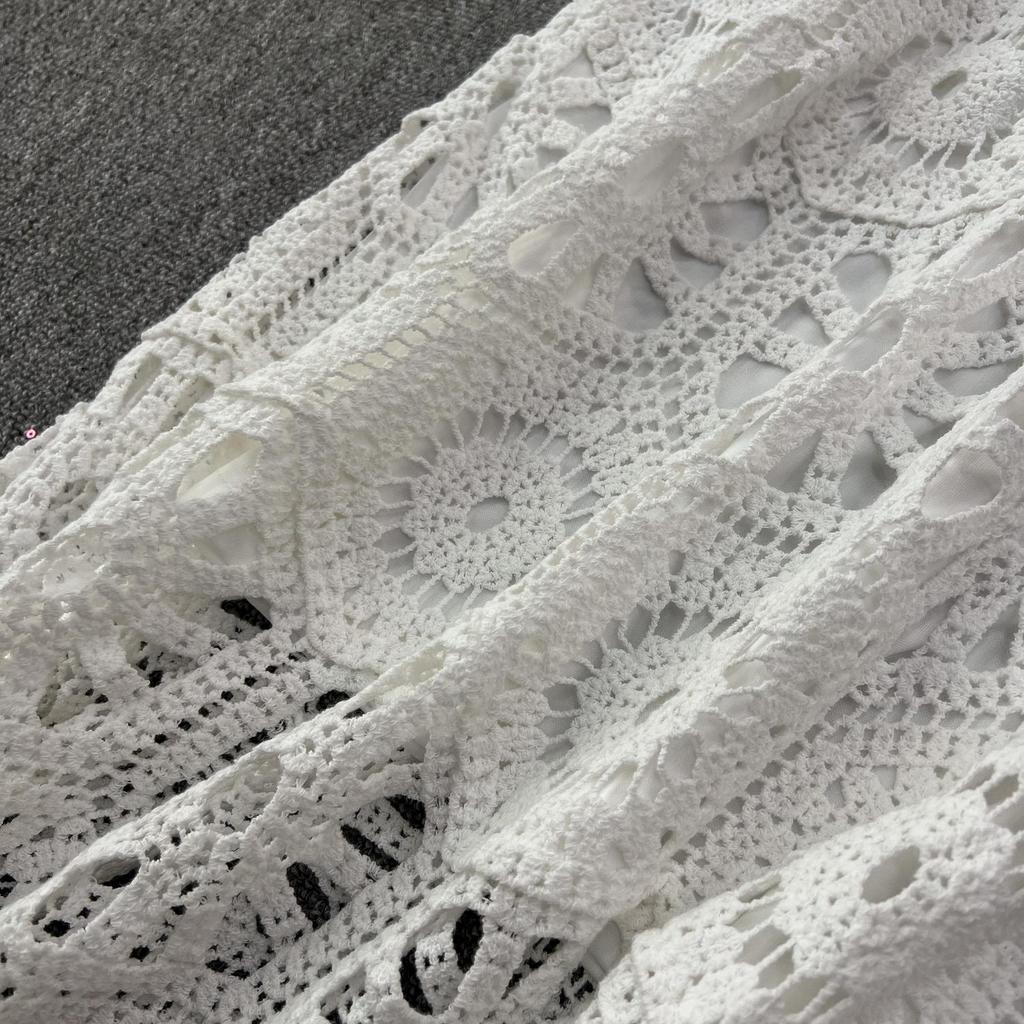 DIMANAF Neue 2025 Rock Anzug Frauen Stricken Strand Kurzarm Spitze Aushöhlen Sexy Oansatz Hohl Sommer Stil Tops Tees lose Grundlegende