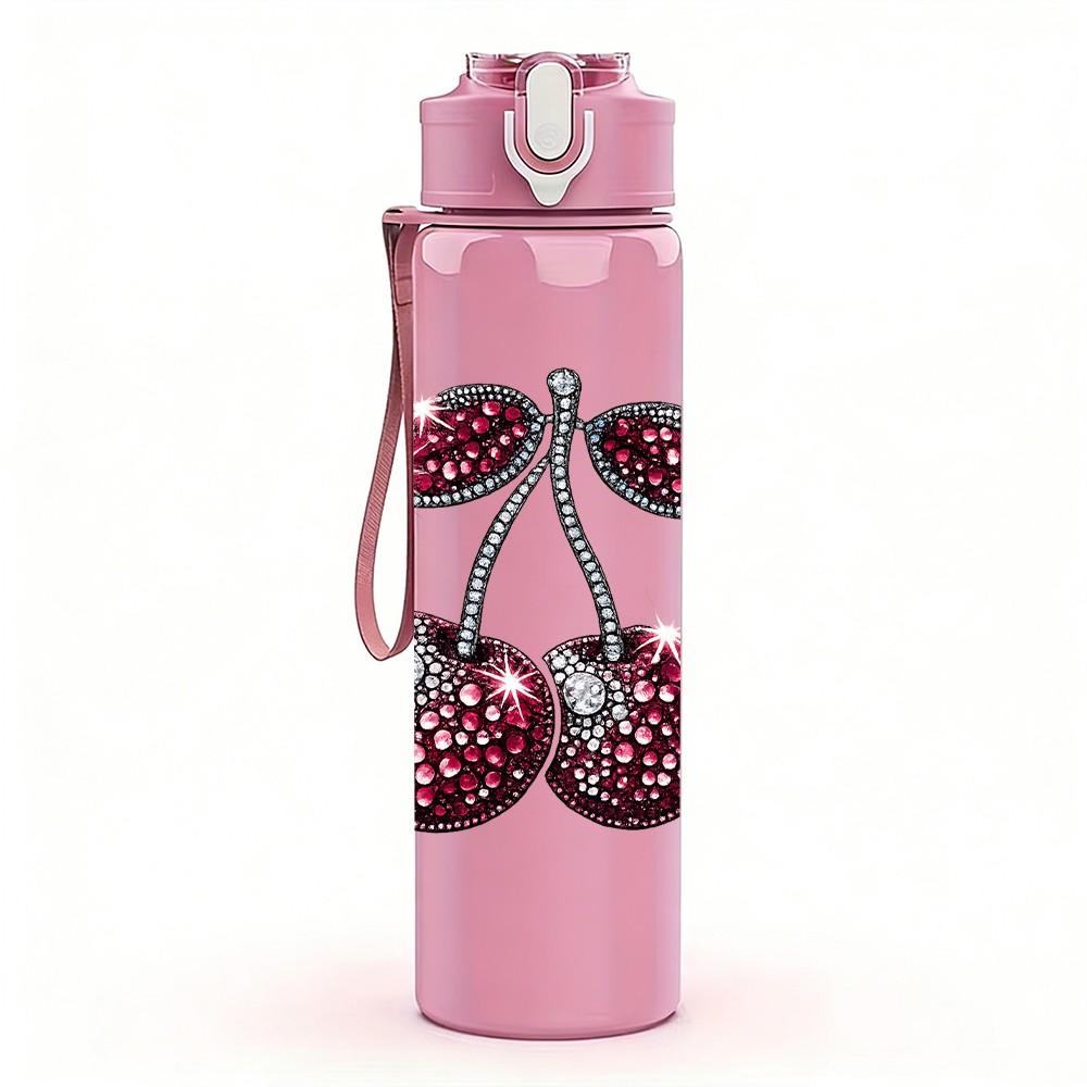 1PC Dark Red Pair Cherry Fruit Print 750ml Color Plastic Sports Water Bottle Leakproof Flip Straw Lid Suitable for Sports Office Home Use